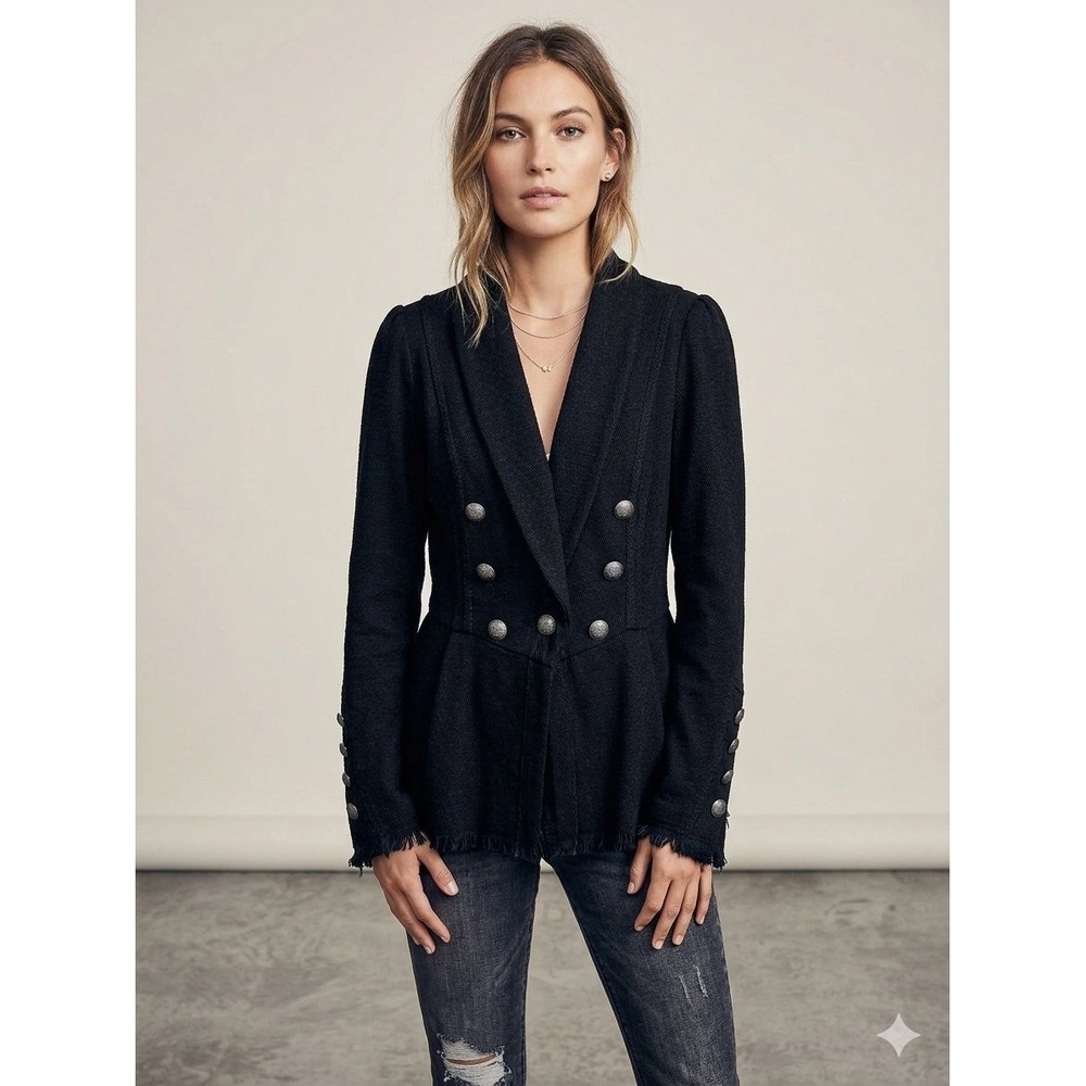 Free People Black Military Knit Blazer Cardigan Peplum Frayed Hem xSmall